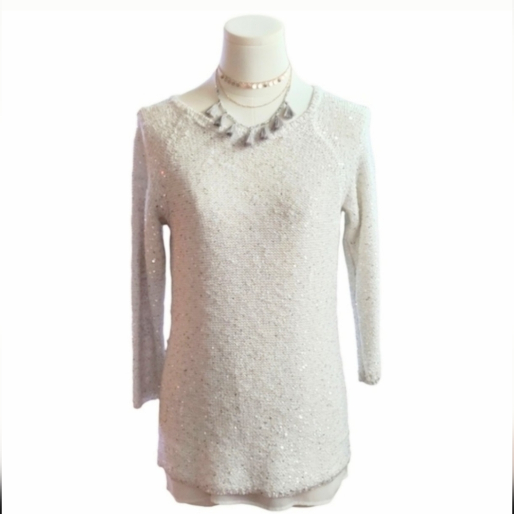 Cremieux White Sequin Knit Long Sleeve Sweater With Keyhole Back Size Small